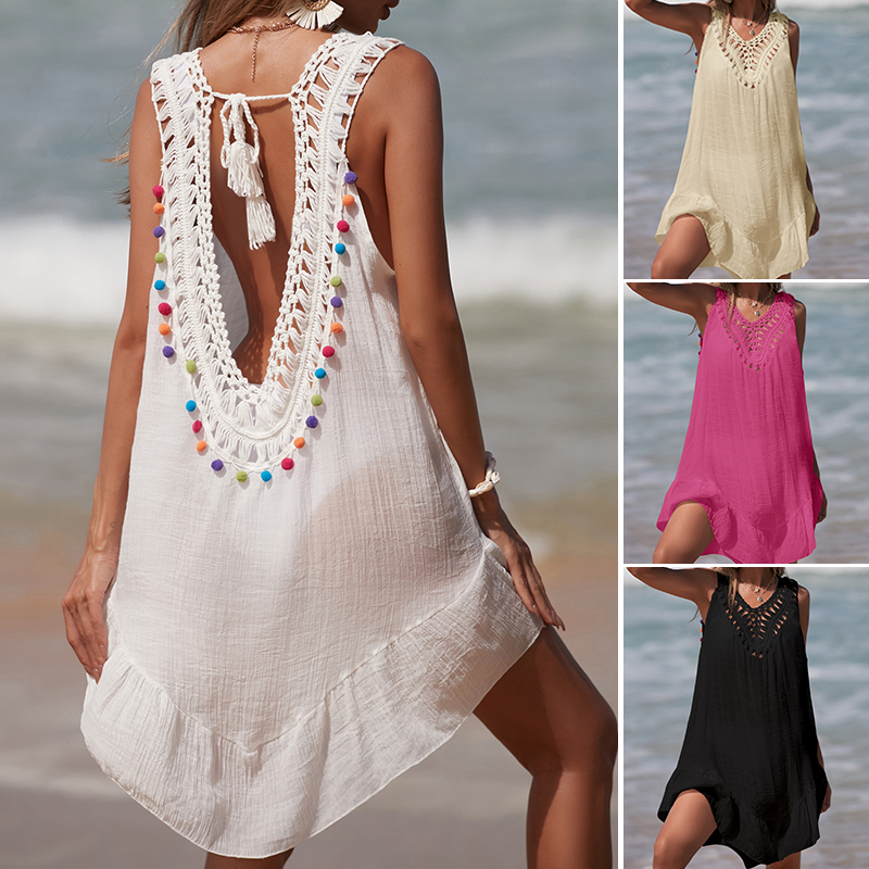 Cover Up Kaftan - Women V-Neck Backless Hollow Out Short